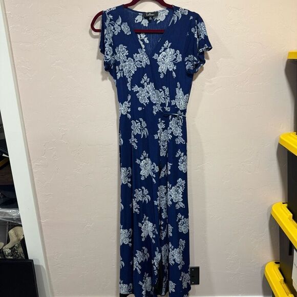Lulu’s Heart of Marigold Navy Blue Floral Print Wrap Maxi Dress - Picture 1 of 9
